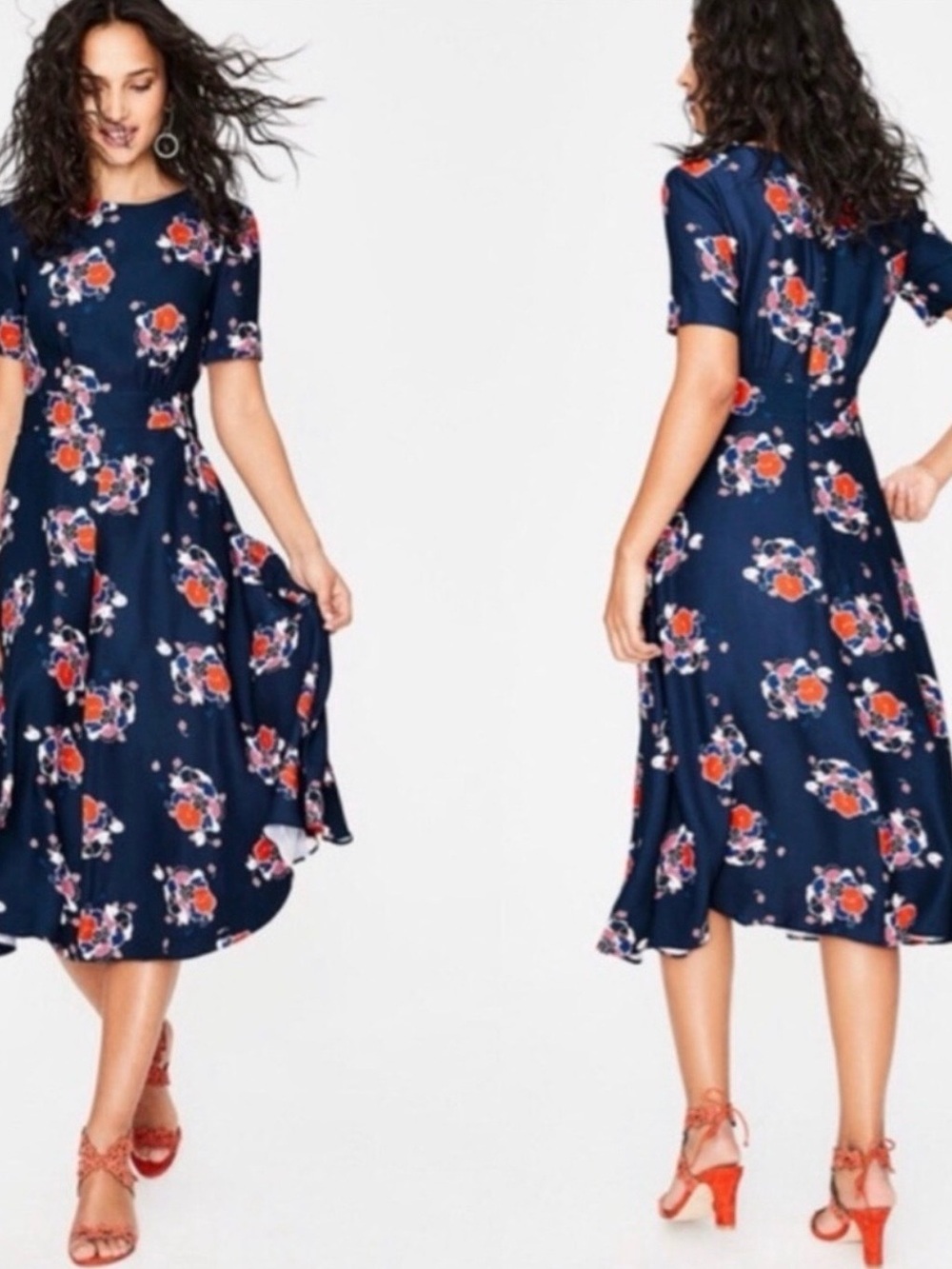 BODEN Ruth Navy Floral Fit Flare Dress Cap Sleeve Pockets UK 10R / US 6R